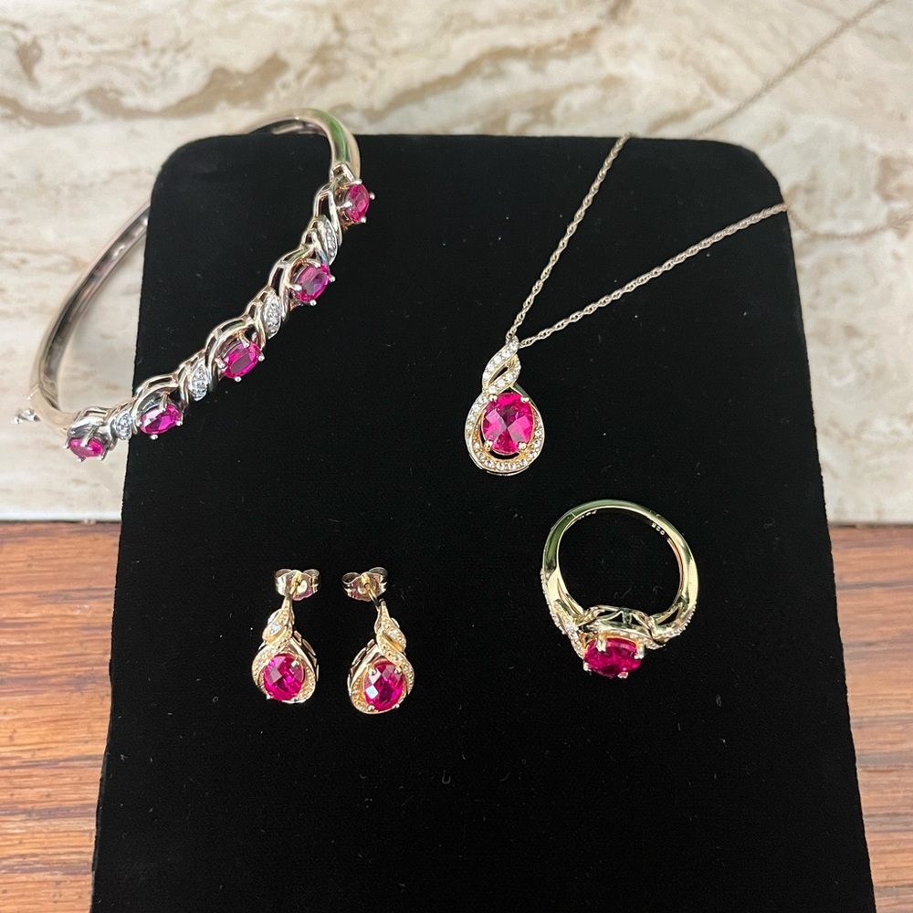 Genuine Ruby Vermeil Necklace, Bracelet, Earring, and Ring Set
